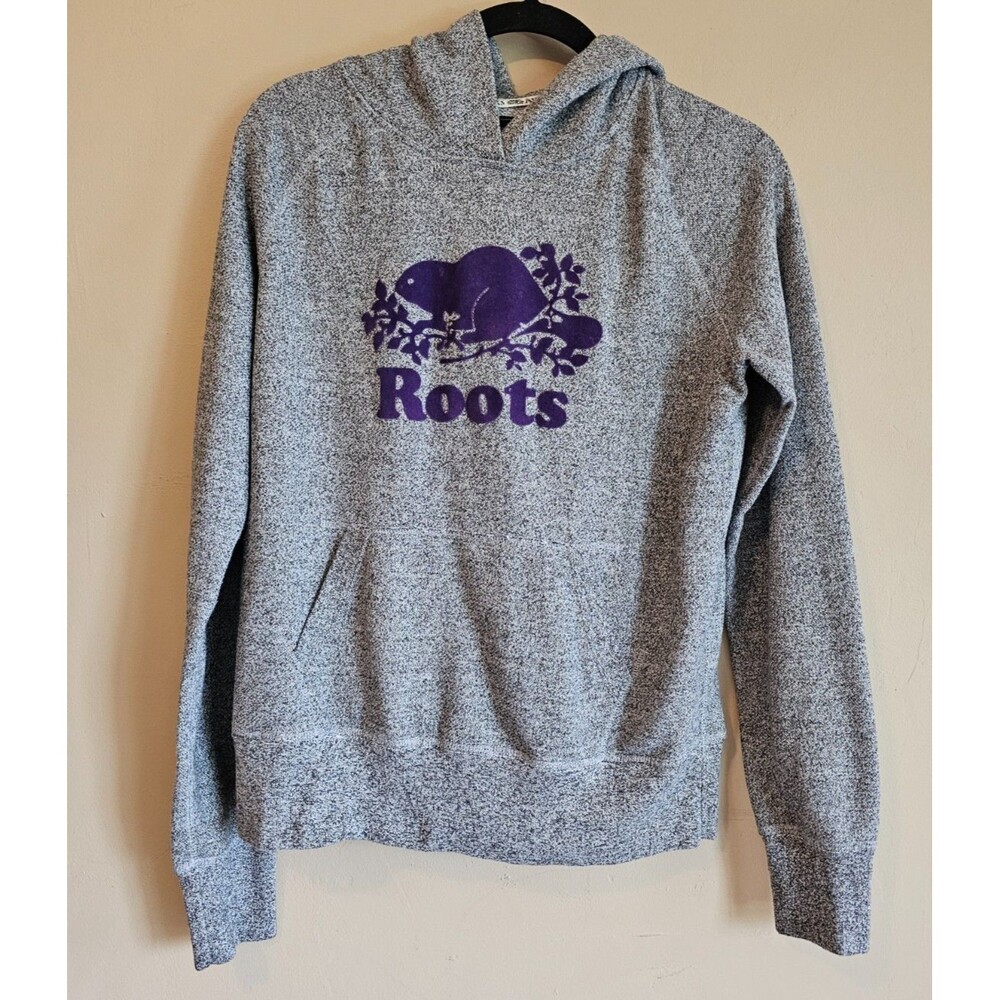 Roots Canada Women's Small Pullover Hoodie Sweatshirt Beaver Logo Salt & Pepper